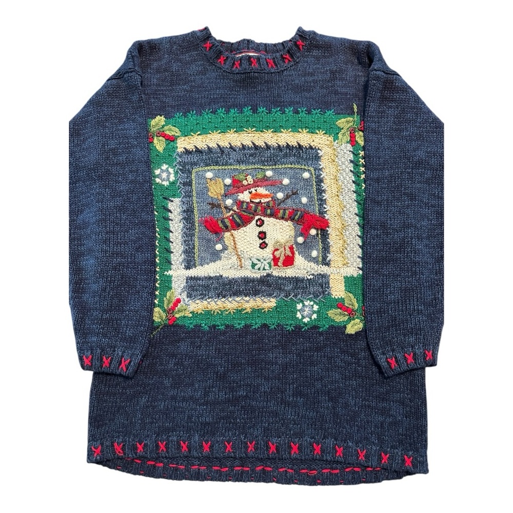 Snowman Christmas Sweater Embroidered Oversized S Festive Holiday Cozy Knit EUC